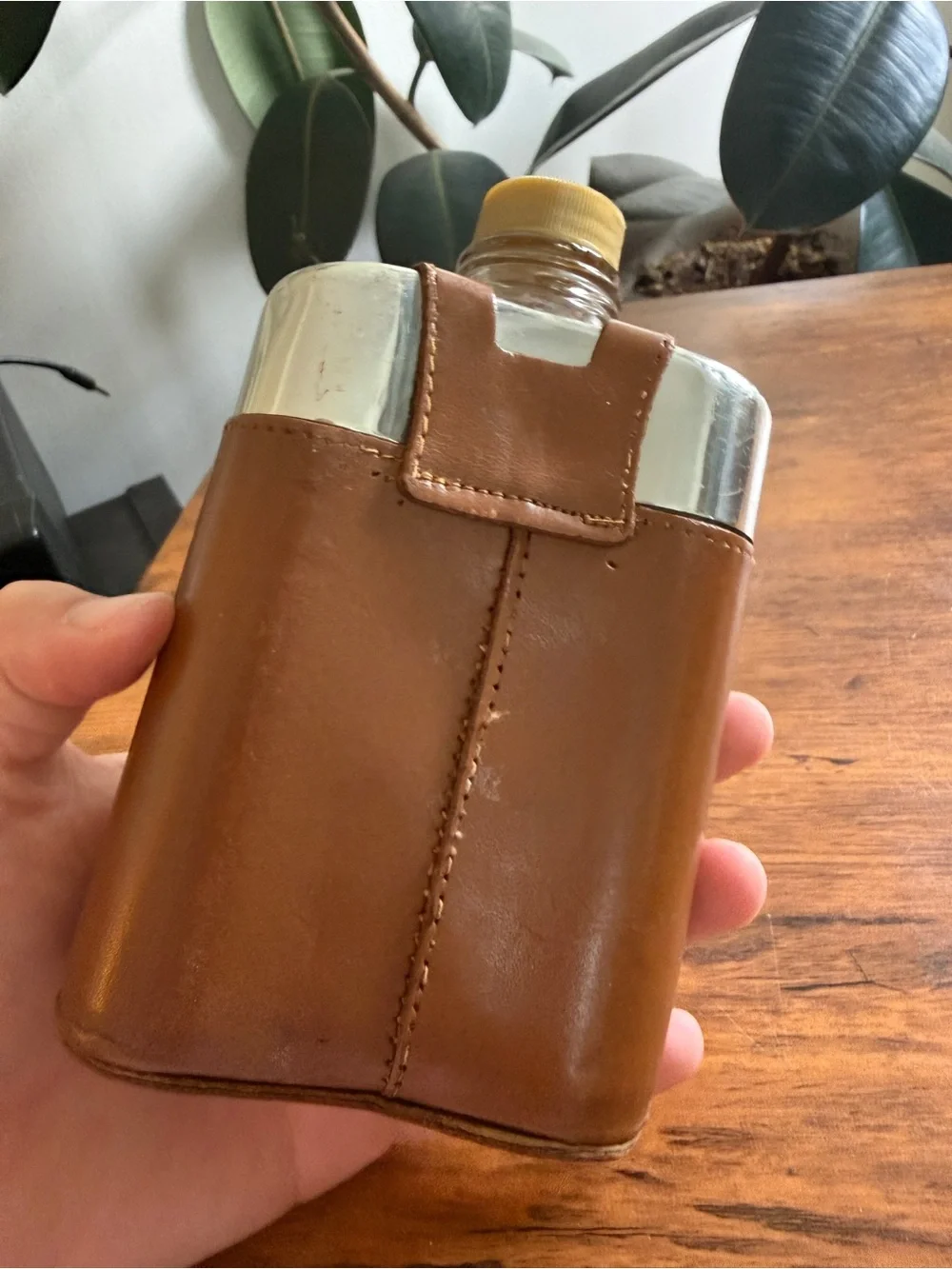 Brown Leather Travel vintage Flask with Snap Closure HWP